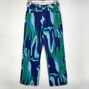 Shein Womens US Size 6 Wide Leg Printed Jeans Blue Green Swirls 5 Pocket Cotton